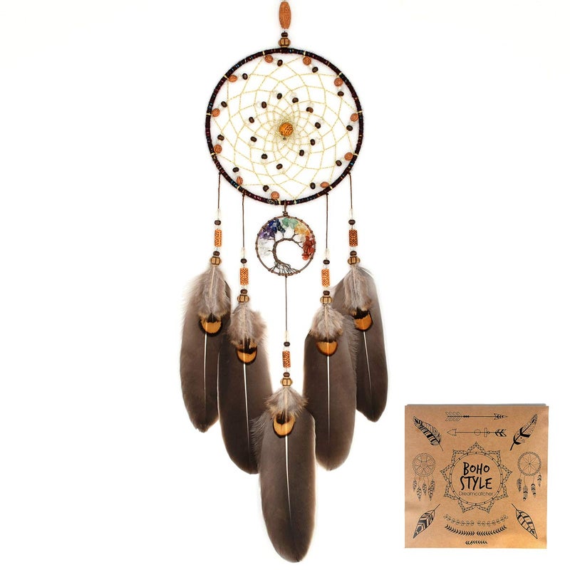 Urdeoms Tree of Life Dream Catchers for Bedroom Adult Brown Boho Dream Catcher Wall Decor for Girls Chakra Crystal Healing Stones Hanging Ornament Room Decoration 18" Length(NO.12) - Image 1